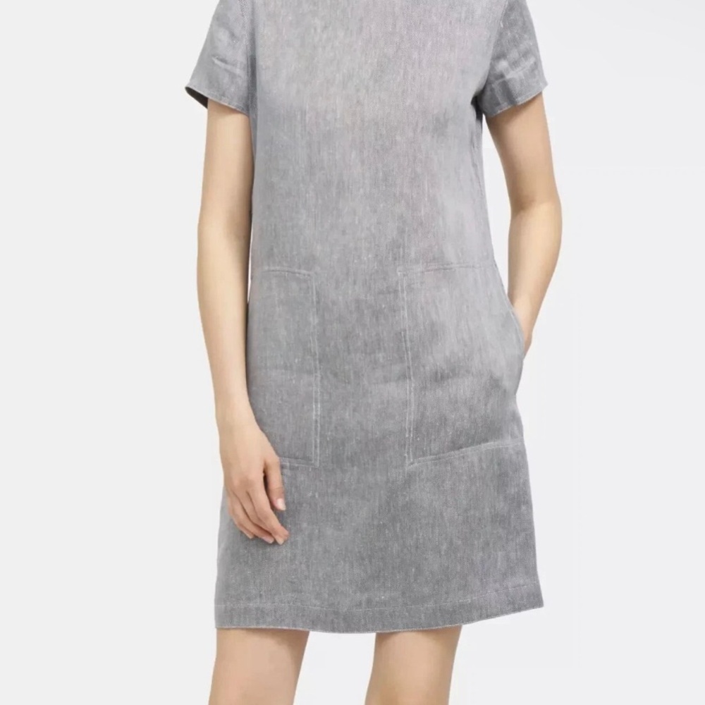 Theory Structured Shift Dress Women's Small Gray Linen Twill Cap Sleeve